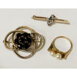 9 CT. GOLD PEARL RING, DIAMOND BROOCH & GILDED SILVER BROOCH 15.6 GRAMS APPROX