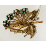 14CT GOLD HALLMARKED TURQUOISE & SEED PEARL BROOCH - 9.65 GRAMS APPROX
