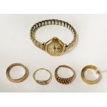3 9CT GOLD RINGS & 18CT PLATINUM RING & WATCH WITH 9 CT GOLD BACK - 13.5 GRAMS APPROX
