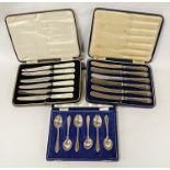 STERLING SILVER CASED SET OF SPOONS WITH TWO OTHER BOXED SETS OF CUTLERY