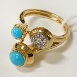 18CT GOLD DIAMOND & TURQUOISE RING - SIZE L - 9.7 GRAMS APPROX