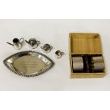 STERLING SILVER PIN DISH & NAPKIN RINGS & MINIATURE STERLING SILVER TEASET - 4 OZS APPROX