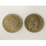 TWO SILVER ROUBLE COINS - 1897 & 1907