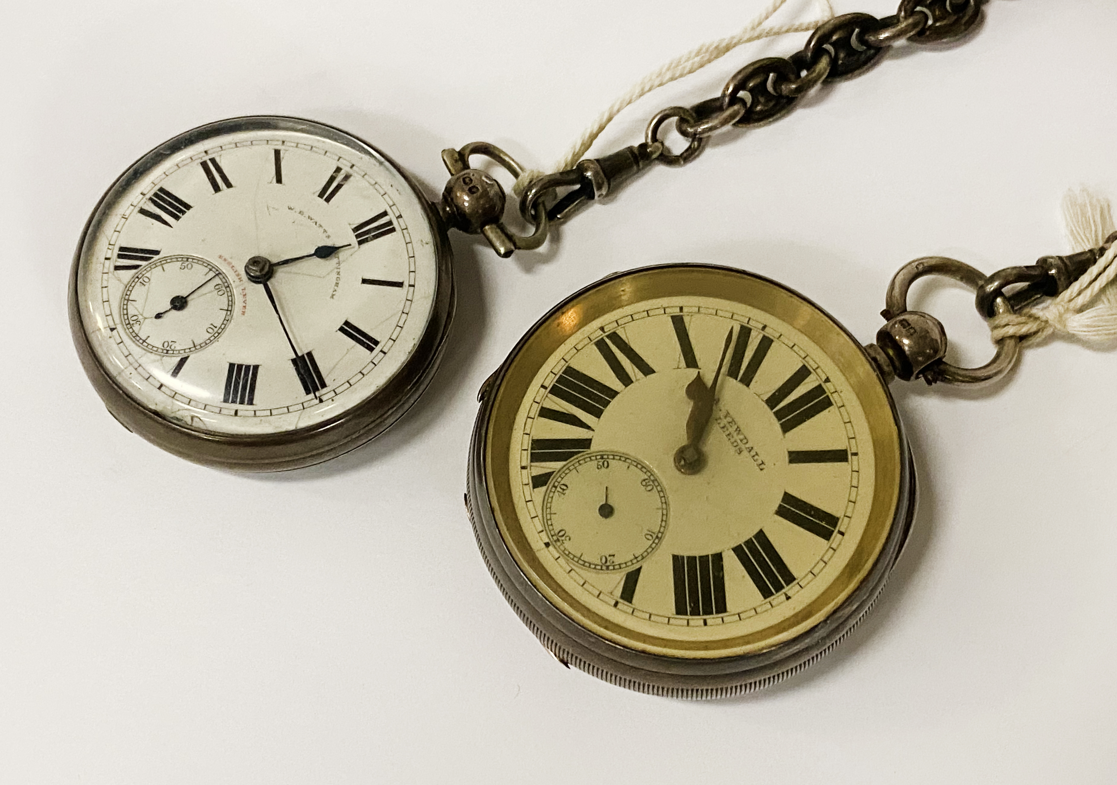 2 H/M SILVER POCKET WATCHES WITH 2 FOB CHAINS - YEWDALL OF LEEDS & W D WATTAS OF NOTTINGHAM - Image 2 of 3