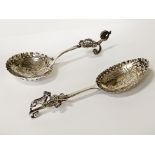 TWO HM SILVER DUTCH TEA CADDY SPOONS - 2 OZS APPROX