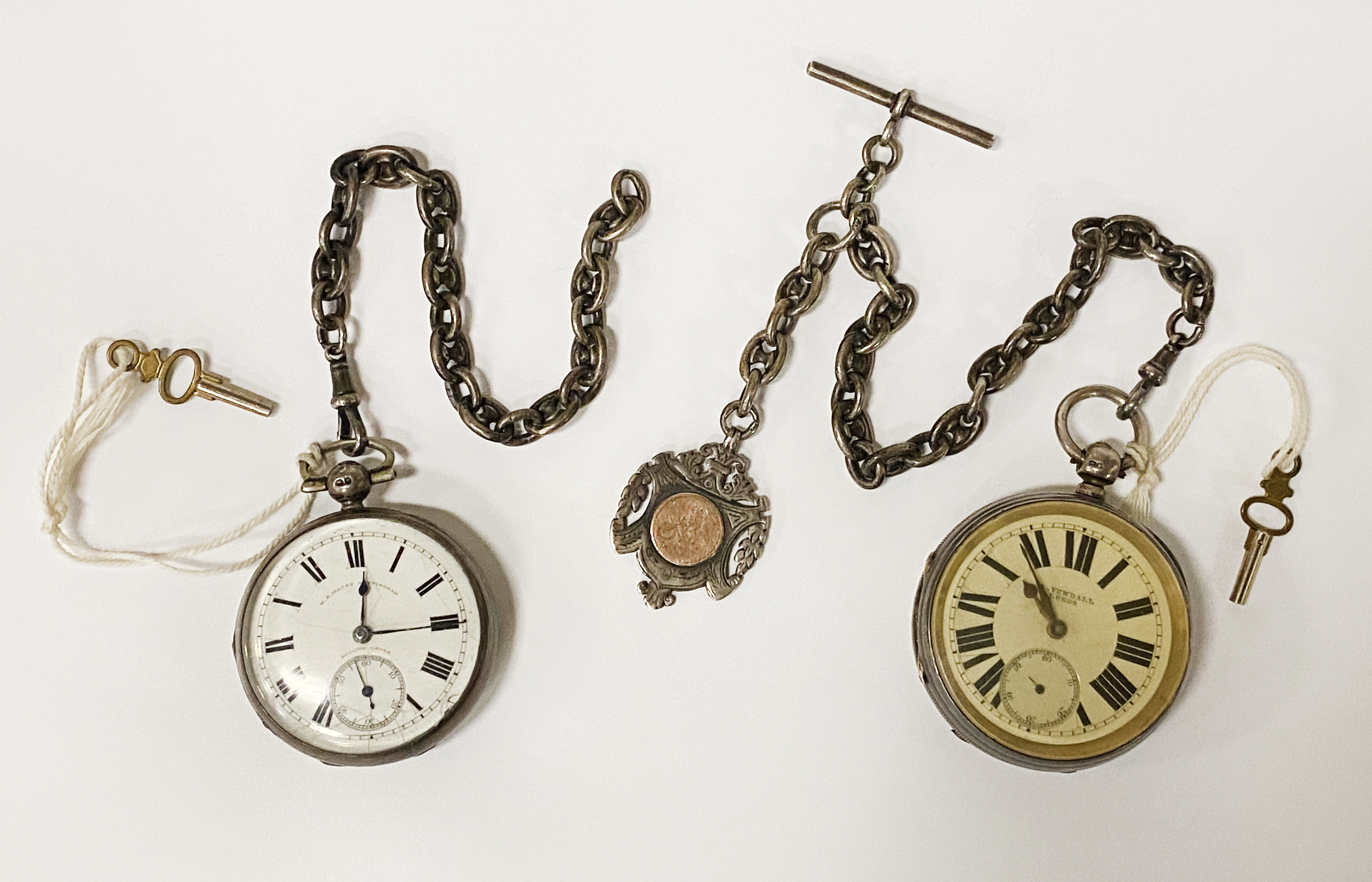 2 H/M SILVER POCKET WATCHES WITH 2 FOB CHAINS - YEWDALL OF LEEDS & W D WATTAS OF NOTTINGHAM