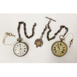 2 H/M SILVER POCKET WATCHES WITH 2 FOB CHAINS - YEWDALL OF LEEDS & W D WATTAS OF NOTTINGHAM