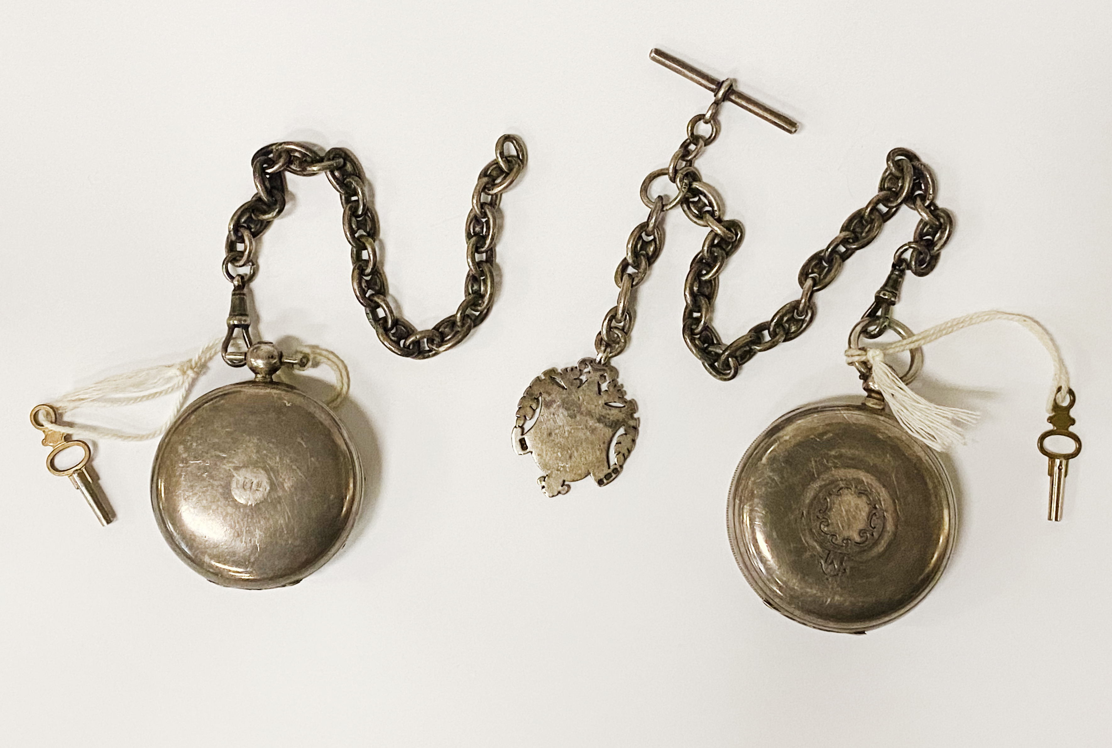 2 H/M SILVER POCKET WATCHES WITH 2 FOB CHAINS - YEWDALL OF LEEDS & W D WATTAS OF NOTTINGHAM - Image 3 of 3