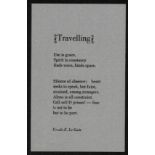 SHORT POEM PRINTED AS A POSTCARD - TRAVELLING BY URSULA LE GUIN PUBLISHED BY THE BELLEVUE PRESS 1977