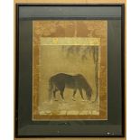 FRAMED CHINESE PRINT OF A GRAZING HORSE ON CLOTH