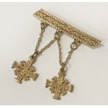 SILVER BAR BROOCH WITH 2 CROSSES STAMPED MADE IN PALESTINE