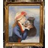 OIL ON CANVAS OF A GIRL & DOG SIGNED 'EDWARD' - 60 X 50 CMS APPROX INNER FRAME