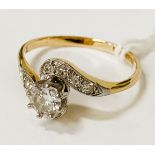 18CT GOLD PLATINUM MOUNTED RING, CENTRE STONE IS APPROX 0.30CTS SURROUNDED BY CLUSTERS TO THE