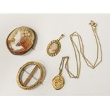 COLLECTION OF CAMEOS INCL. SOME GOLD PLATE & A 9CT GOLD BROOCH FRAME