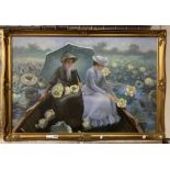 GILT FRAMED OIL ON CANVAS OF LADIES IN LILY POND SIGNED 'HENRY RICKERT'