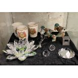 QTY OF CRYSTAL GLASS ITEMS & 3 CERAMIC DUCKS & CORONATIONS CUPS