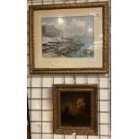 OIL ON BOARD OF AN OLD LADY IN A ROCKING CHAIR & WATERCOLOUR OF NAPLES FISH MARKET