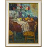 OIL ON CANVAS - ROSE & FRUIT ON THE TABLE BY MIKHAIL ZHAROV (UKRANIAN) 91CM X 66CM