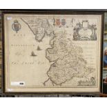 FRAMED EARLY MAP OF NORTHERN ENGLAND BY JOHANES BLAEU - LANCASTRIA PALANTUS ANGLIS LACASTER ETC 50CM