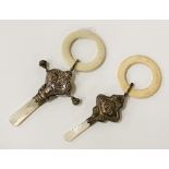 TWO VICTORIAN SILVER MOTHER OF PEARL TEETHING RATTLES