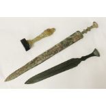 PAIR OF BRONZE SWORDS & SHABTI EGYPIAN FIGURE