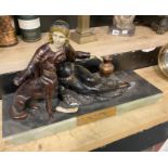 ART DECO STYLE GIRL & DOG ON ONYX & MARBLE BASE - A/F NEED REPAIR
