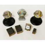 THREE DESK CALENDERS, 3 EARLY PRINTERS BLOCKS & A TRAVEL CLOCK