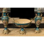 BRONZE & PORCELAIN 3 PIECE SET - COMPORT AND GARNITURE