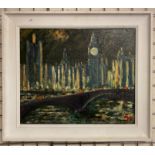 OIL ON CANVAS WESTMINISTER AT NIGHT BY M QUIRKY