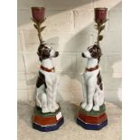 PAIR BRONZE & PORCELAIN DOG CANDLESTICKS 34CMS APPROX