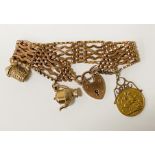 GOLD SOVEREIGN -1910 WITH MOUNT ON 9CT GOLD GATE BRACELET & CHARMS APPROX 46 GRAMS TOTAL