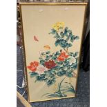 ORIENTAL VINTAGE FLORAL PAINTING ON SILK - 114 X 61 CMS OUTER FRAME APPROX