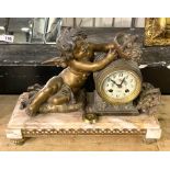 CHERUB FIGURAL CLOCK ON MARBLE BASE - 28 CMS (H) APPROX - A/F