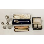 COLLECTION OF HM SILVER INCL. LONDON 1928 BOXED SPOON, HM NAPKIN RINGS, PROPELLING PENCIL- BOXED &