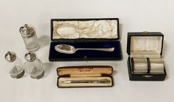 COLLECTION OF HM SILVER INCL. LONDON 1928 BOXED SPOON, HM NAPKIN RINGS, PROPELLING PENCIL- BOXED &