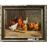 SERGEY MENYAYEV ''CHICKENS IN GARDEN'' OIL ON CANVAS 30CM X 40CM