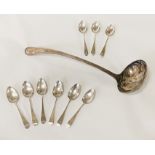 9 MOSTLY GEORGIAN HM SILVER TEASPOONS TOGETHER WITH A ELKINGTON PLATE LADEL