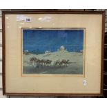 CHARLES BARTLETT SIGNED WOOD BLOCK CAMEL TRAIN IN AGRA 24CMS X 31CMS INNER FRAME SOME SLIGHT