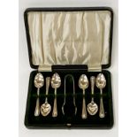 CASED SET OF HM SILVER SPOONS & TONGS - 106 GRAMS