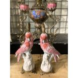 PAIR OF BRONZE & PROCELAIN PINK PARAKEET CANDLESTICKS 42CMS (H)