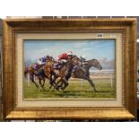 SIGNED CANVAS PRINT - HORSE RACE 45CMS X 29CMS TO INNER FRAME