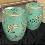 PAIR OF GREEN PORCELAIN BIRD BARREL STOOLS