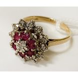 9CT GOLD DIAMOND & RUBY RING - SIZE N