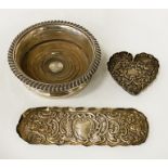 2 ORNATE SILVER PIN TRAYS WITH HM SILVER WINE COASTERS