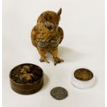 SILVER DENARUIS ROMAN COIN EARLY JETTON COIN & VINTAGE PIL BOX PLUS METAL OWL