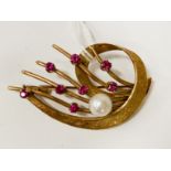 14CT GOLD RUBY & PEARL BROOCH 8.4 GRAMS APPROX