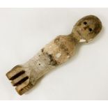 EARLY TURNED WOODEN DOLL WITH JESSO INSET WITH BLACK GLASS EYES WITH ORIGINAL IRON NAILS TORSO