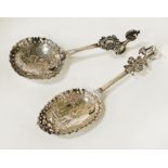 TWO HM SILVER DUTCH TEA CADDY SPOONS 1.8OZS APPROX