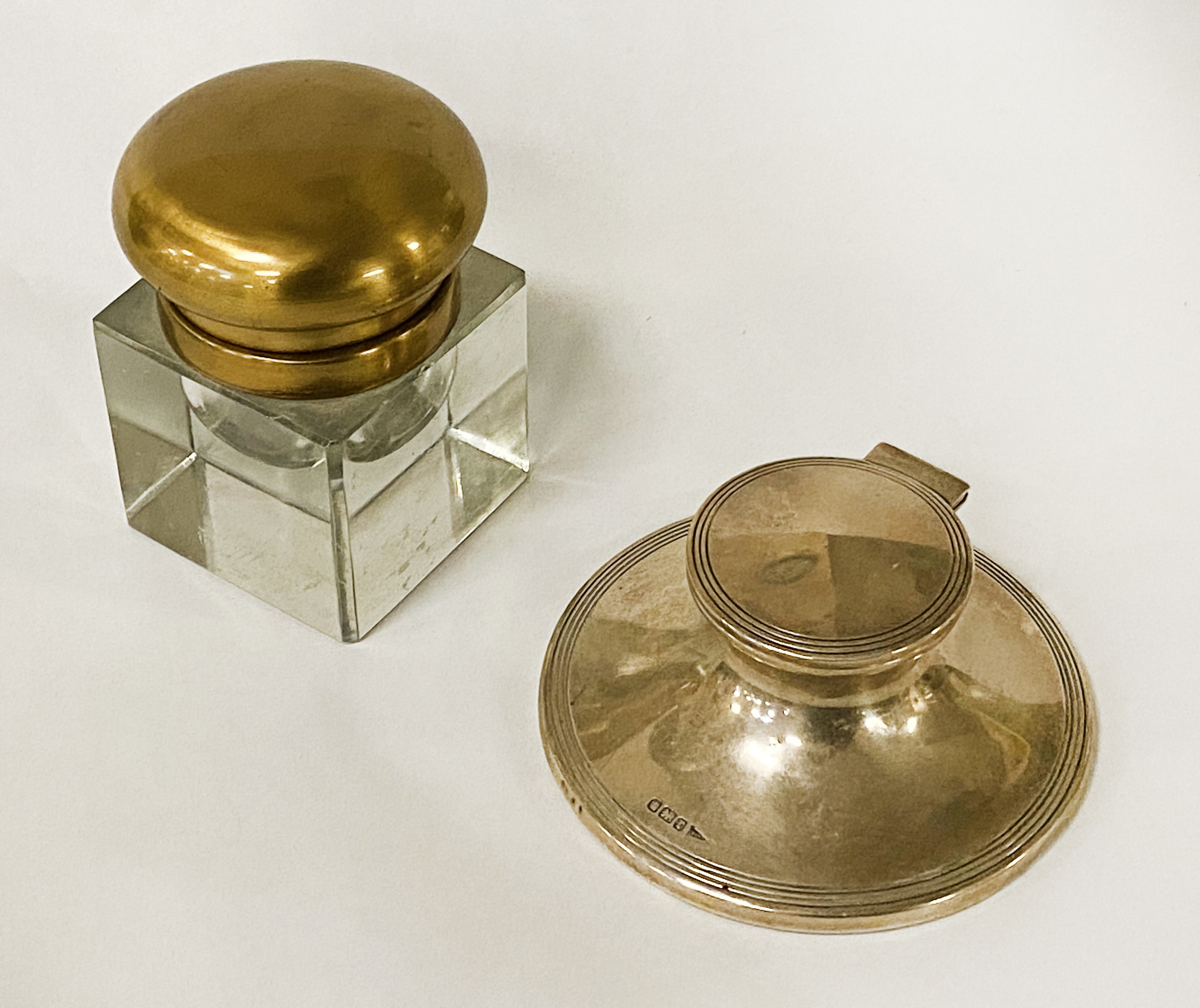 HM SILVER INKWELL & BRASS INKWELL
