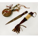 1930 FIRST NATION CRAFTS KNIFE IN SHEATH WITH LEATHER BRAIDWORK & FLASK WITH HIDE & LEATHER COVER